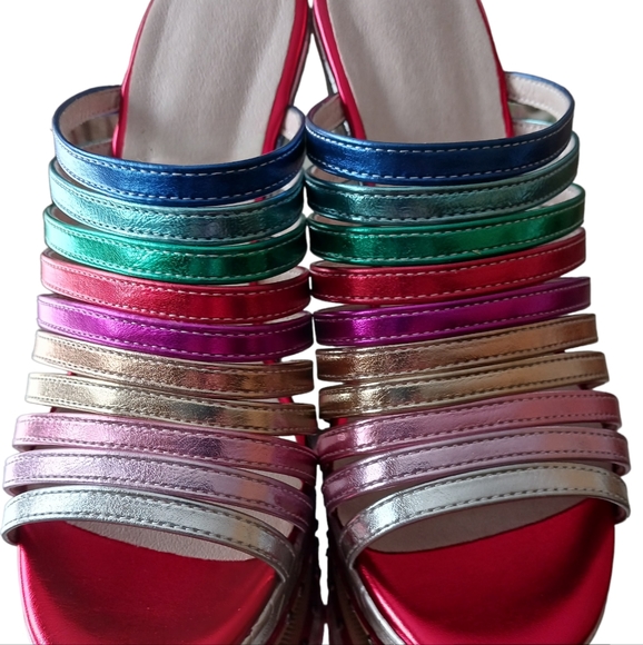 Multicolor metallic rainbow Strappy Sandal Platform Wedge Heels Women's 7.5 - Picture 3 of 9